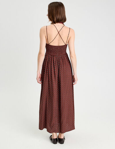 Robe longue évasée bretelles marron cognac femme