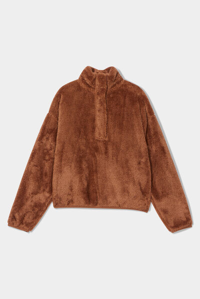 Sweat fausse fourrure boutonné marron femme