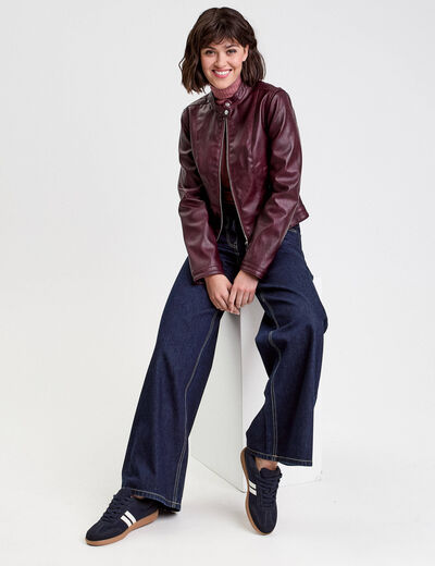 Veste simili cuir zippée prune femme