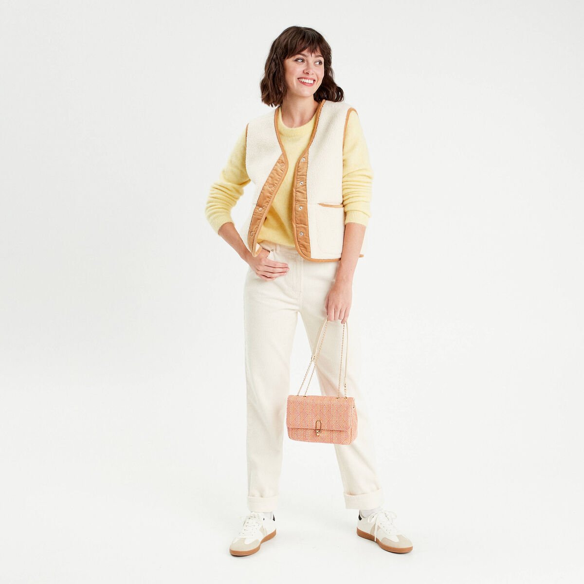 Pantalon straight velours ecru femme
