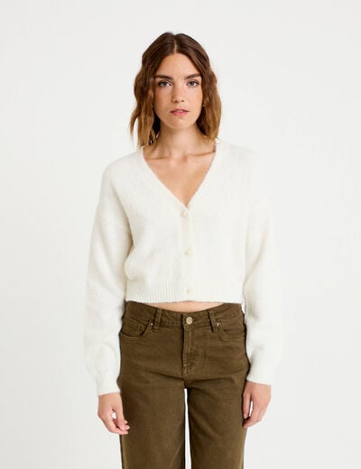 Gilet court ajust&eacute; col v manches longues ecru femme