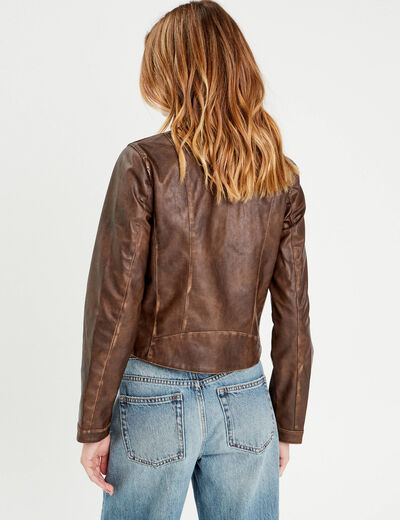 Veste simili cuir zippée marron foncé femme