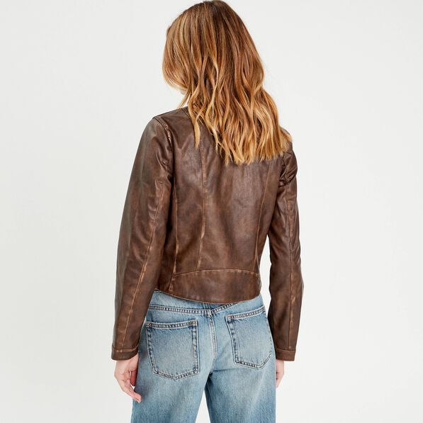 Veste simili cuir zippée marron foncé femme