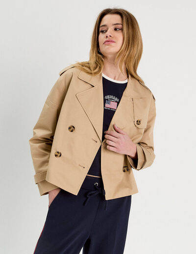 Trench court boutonné sable femme