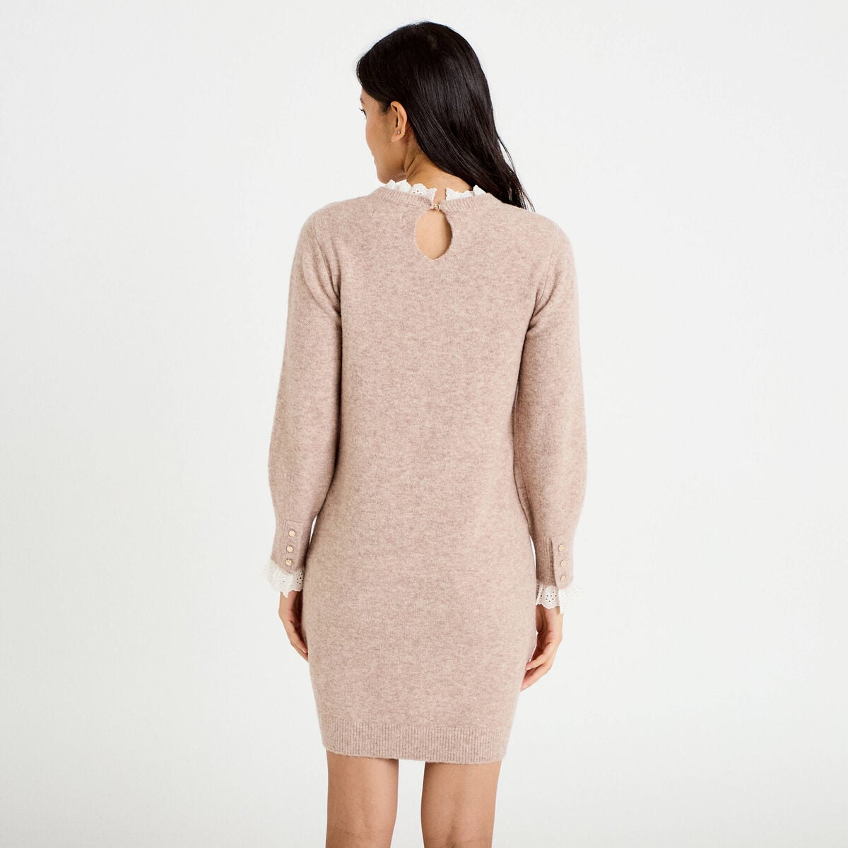 Robe pull ajust&eacute;e col rond dentelle taupe femme