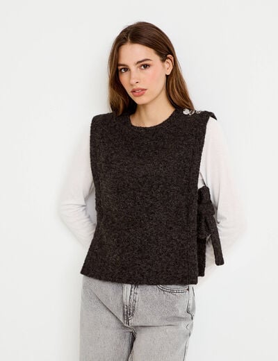 T-shirt 2-en-1 col rond manches longues gris fonc&eacute; femme