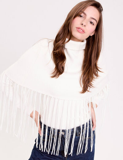 Poncho &agrave; franges ecru femme