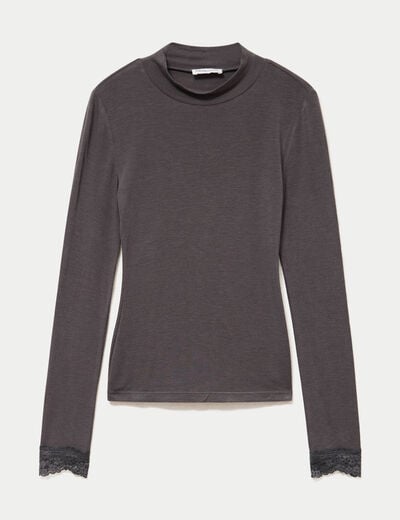 T-shirt ajust&eacute; col roul&eacute; dentelle gris fonc&eacute; femme