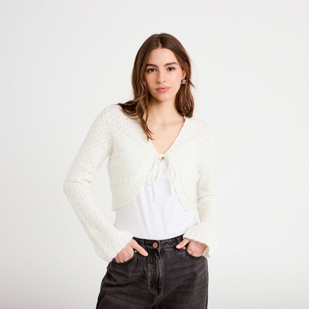 Gilet manches longues ecru femme