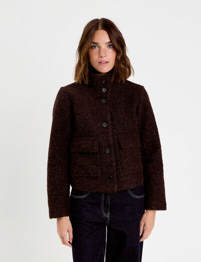 Veste col montant manches longues marron fonc&eacute; femme