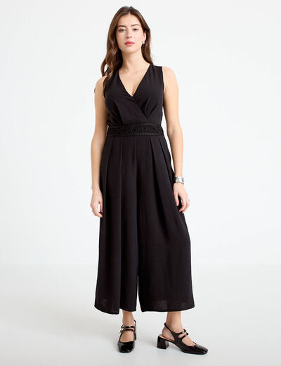 Combinaison large 3/4 sans manches col v noir femme