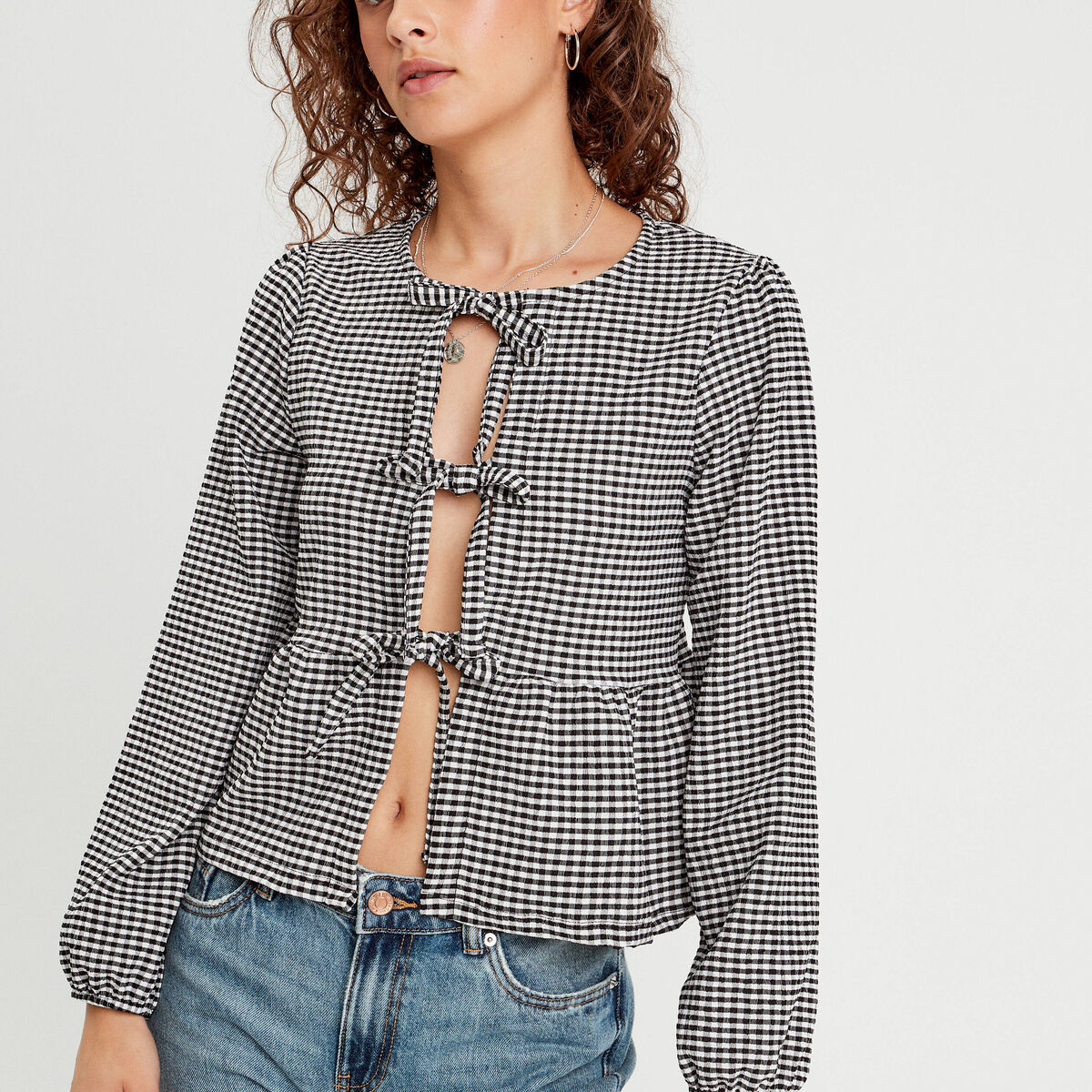 Blouse nouée manches longues blanc femme