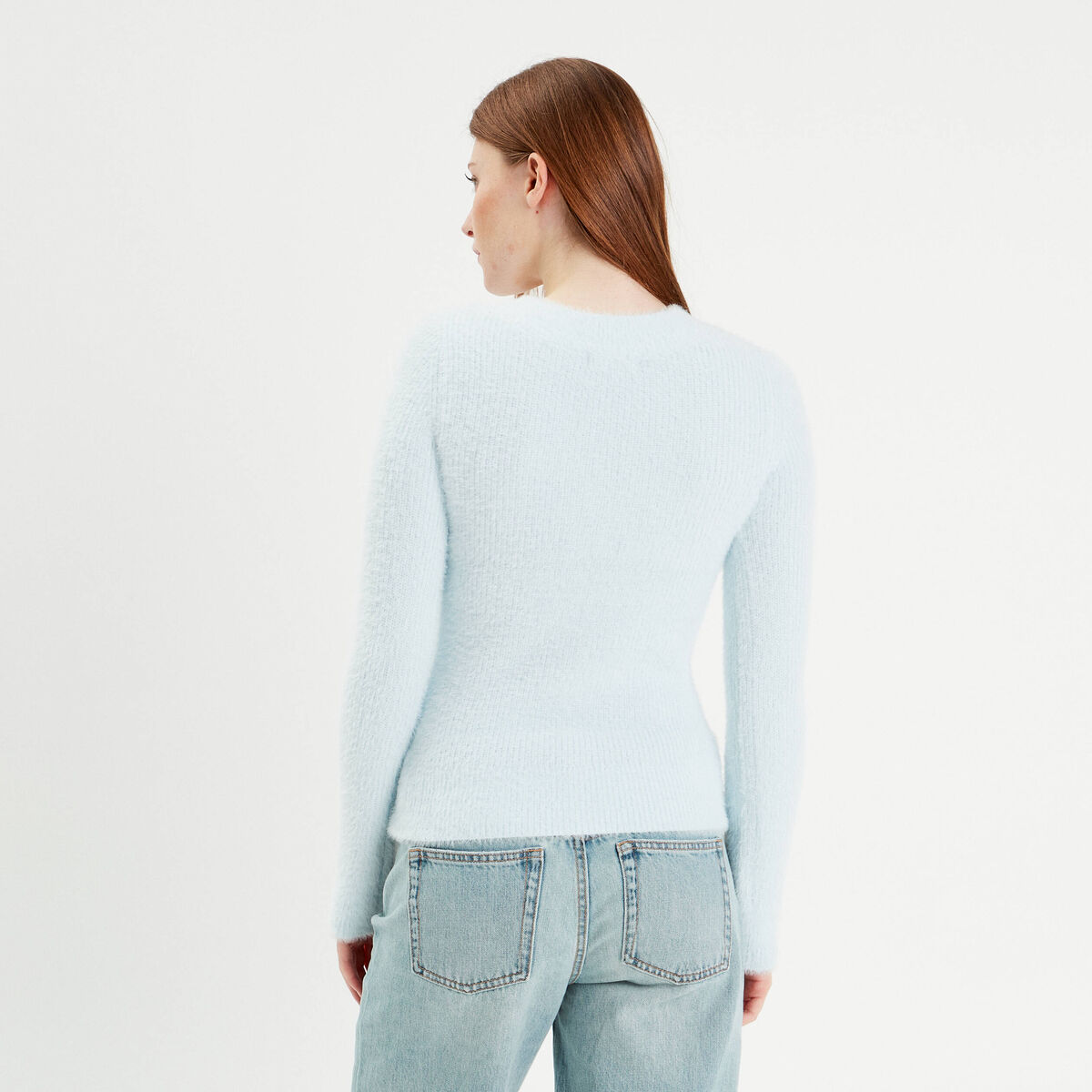 Pull manches longues col en V bleu pastel femme