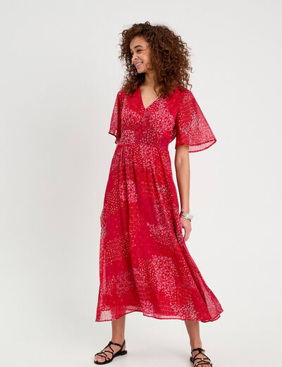 Robe longue évasée col en V rouge femme