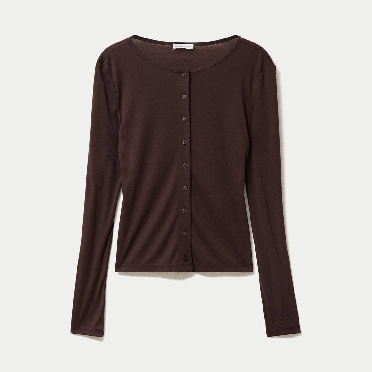 Gilet ajust&eacute; col rond manches longues marron fonc&eacute; femme