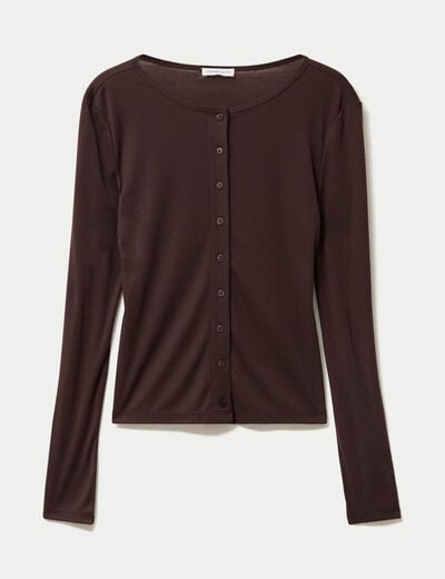 Gilet ajust&eacute; col rond manches longues marron fonc&eacute; femme