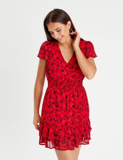 Robe évasée à volants rouge femme