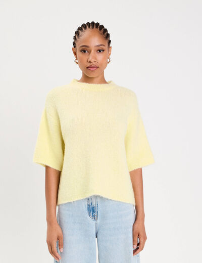 Pull manches courtes jaune clair femme
