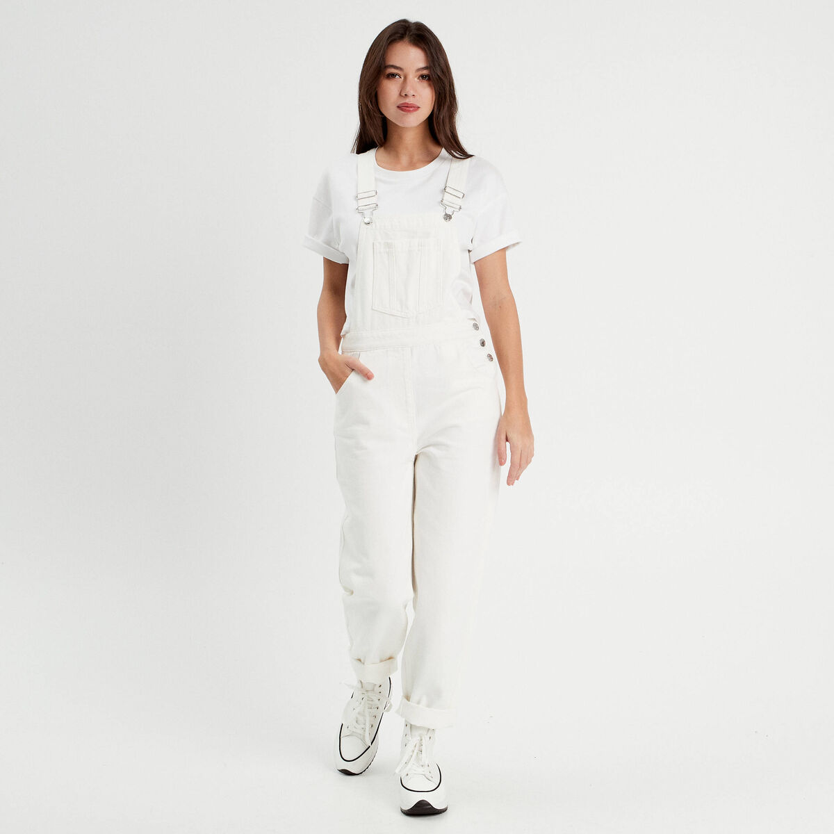Salopette droite en jean ecru femme