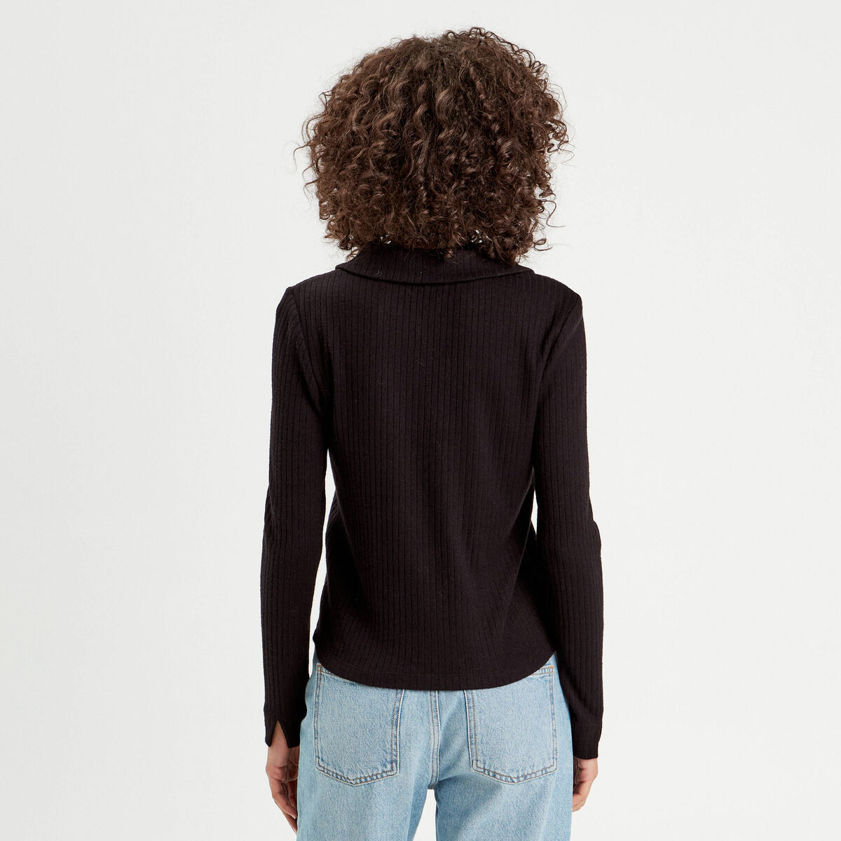 Polo manches longues côtelé noir femme