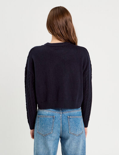 Pull avec torsades bleu marine femme