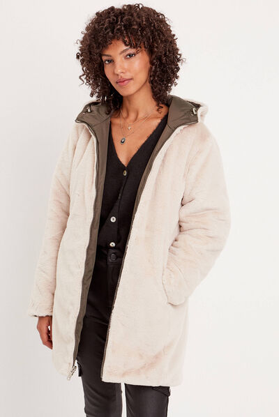 Parka réversible à capuche vert kaki femme