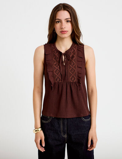 Top sans manches col v marron femme