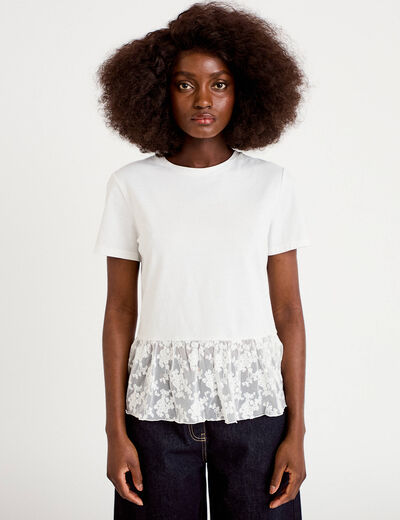 T-shirt manches courtes en dentelle ecru femme