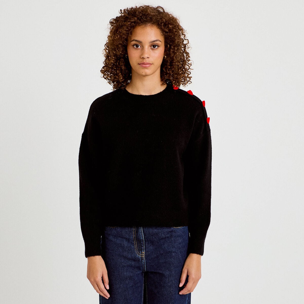 Pull ample col rond manches longues noir femme