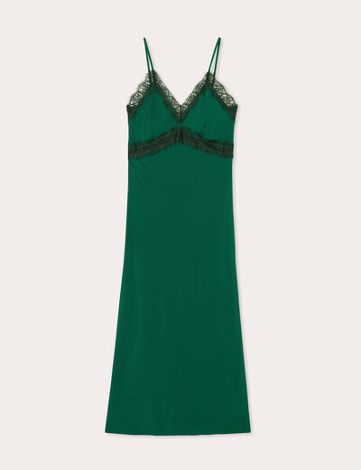 Robe longue ajustée dentelle vert foncé femme