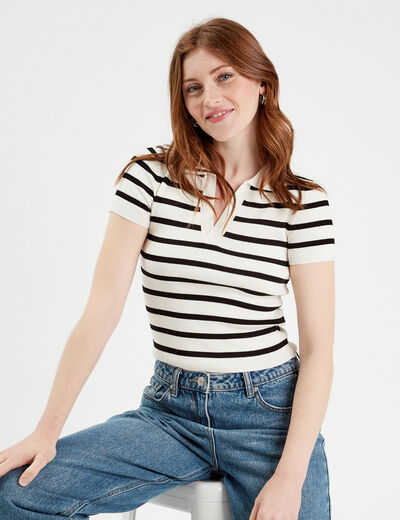 T-shirt manches courtes col polo blanc femme