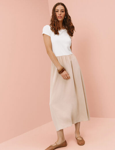 Robe longue évasée 2-en-1 beige femme