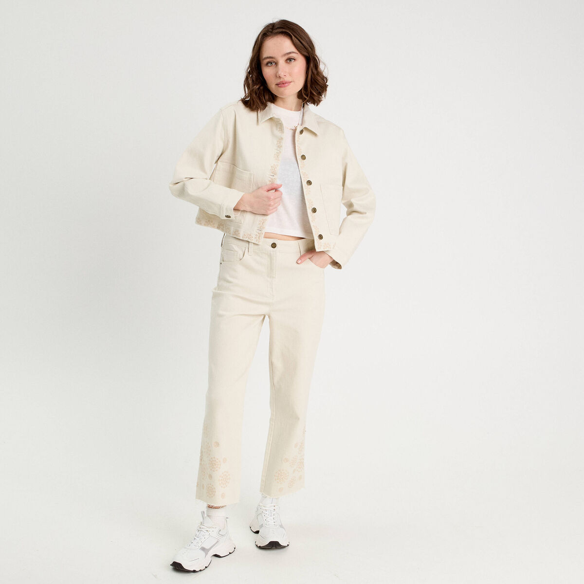 Pantalon large brodé 7/8ème ecru femme