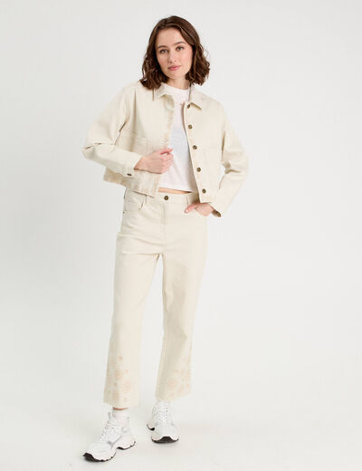 Pantalon large brodé 7/8ème ecru femme