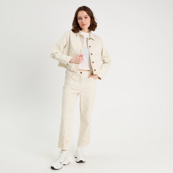 Pantalon large brodé 7/8ème ecru femme