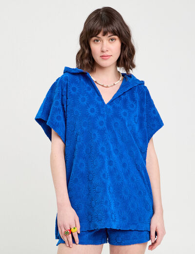 Poncho de plage capuche bleu electrique femme