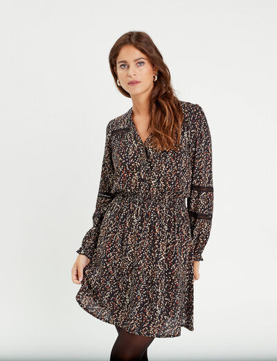 Robe évasée détails dentelle noir femme