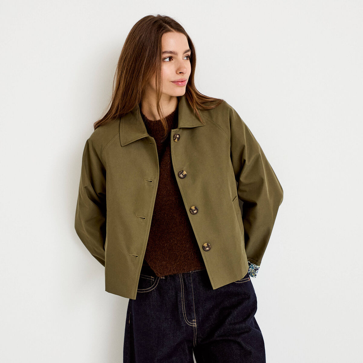 Veste courte boutonn&eacute;e doublure vichy vert kaki femme