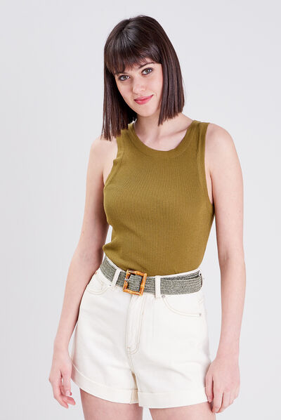 Pull débardeur côtelé vert olive femme