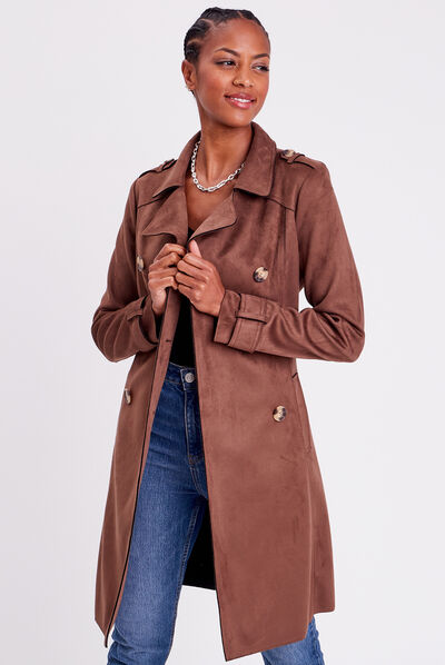 Trench long en suédine boutonné femme marron femme