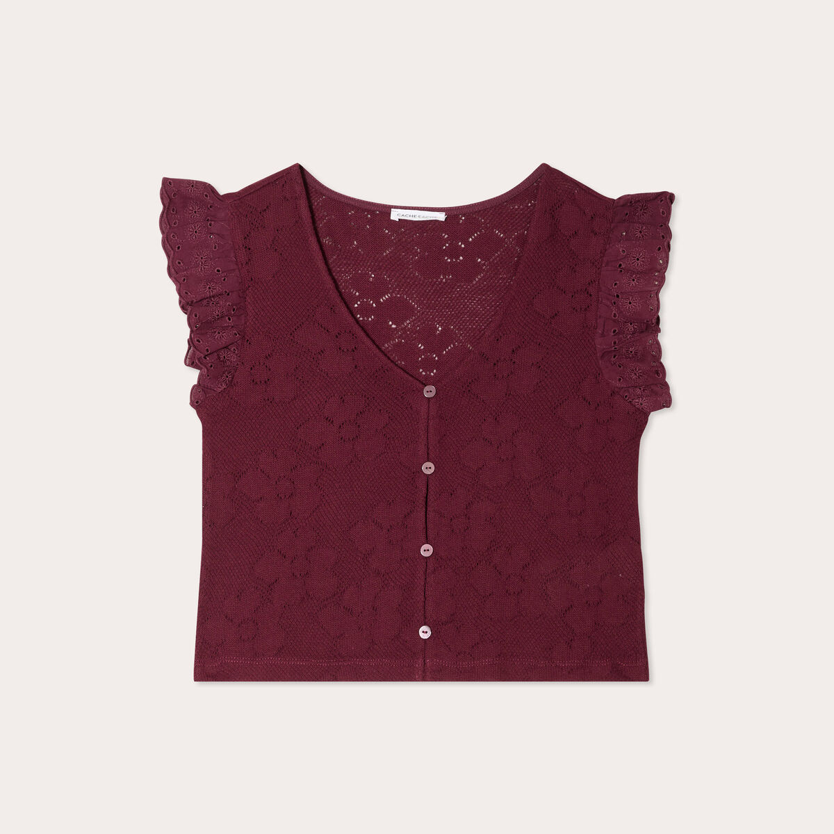 T-shirt manches volants prune femme