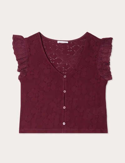 T-shirt manches volants prune femme