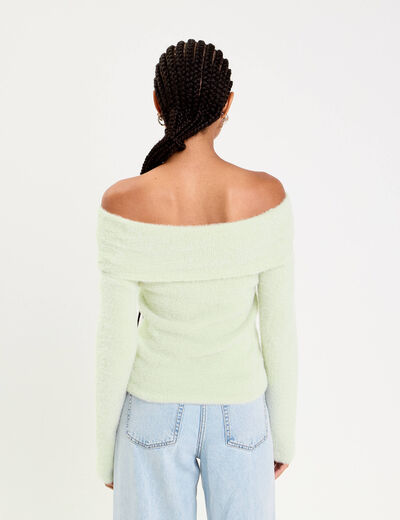Pull ajust&eacute; col bardot manches longues vert pastel femme