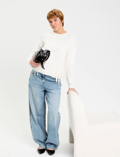 Pull &agrave; torsades ecru femme