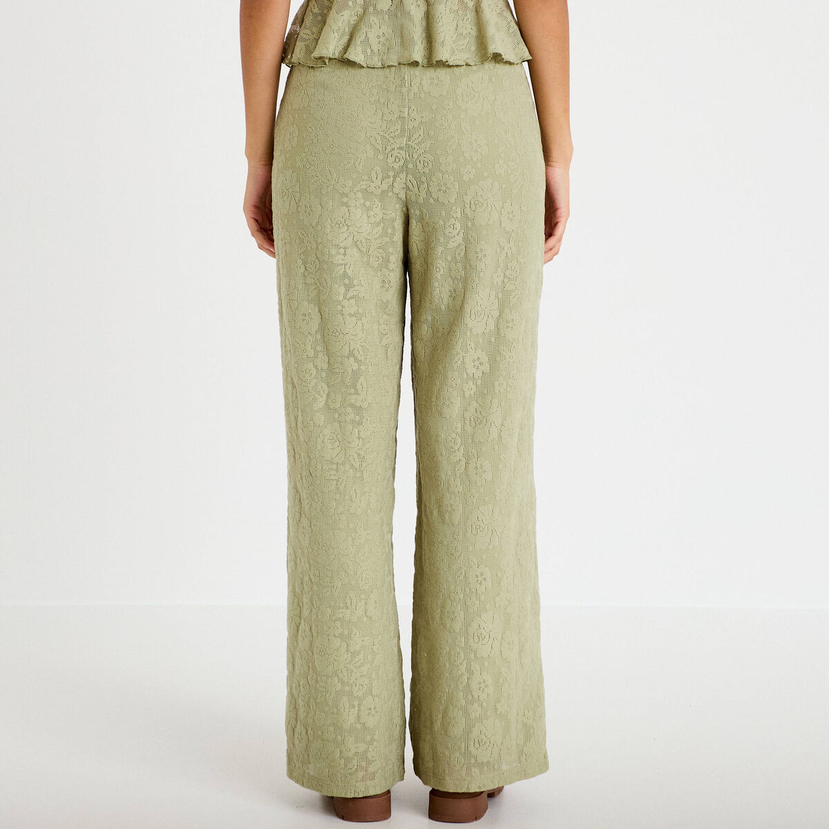 Pantalon large taille haute vert kaki femme