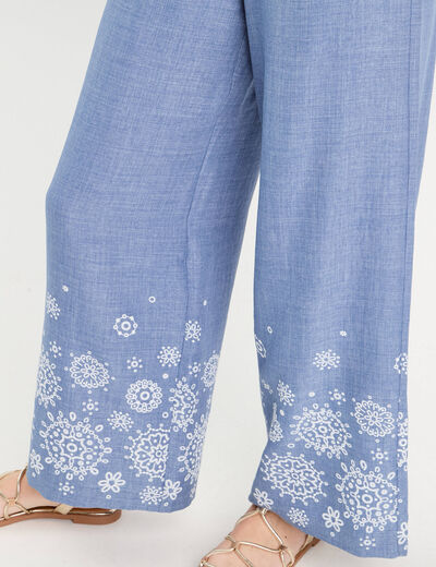 Pantalon large brodé bleu femme