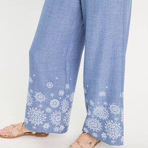 pantalon large brode bleu femme Pantalon large brodé bleu femme