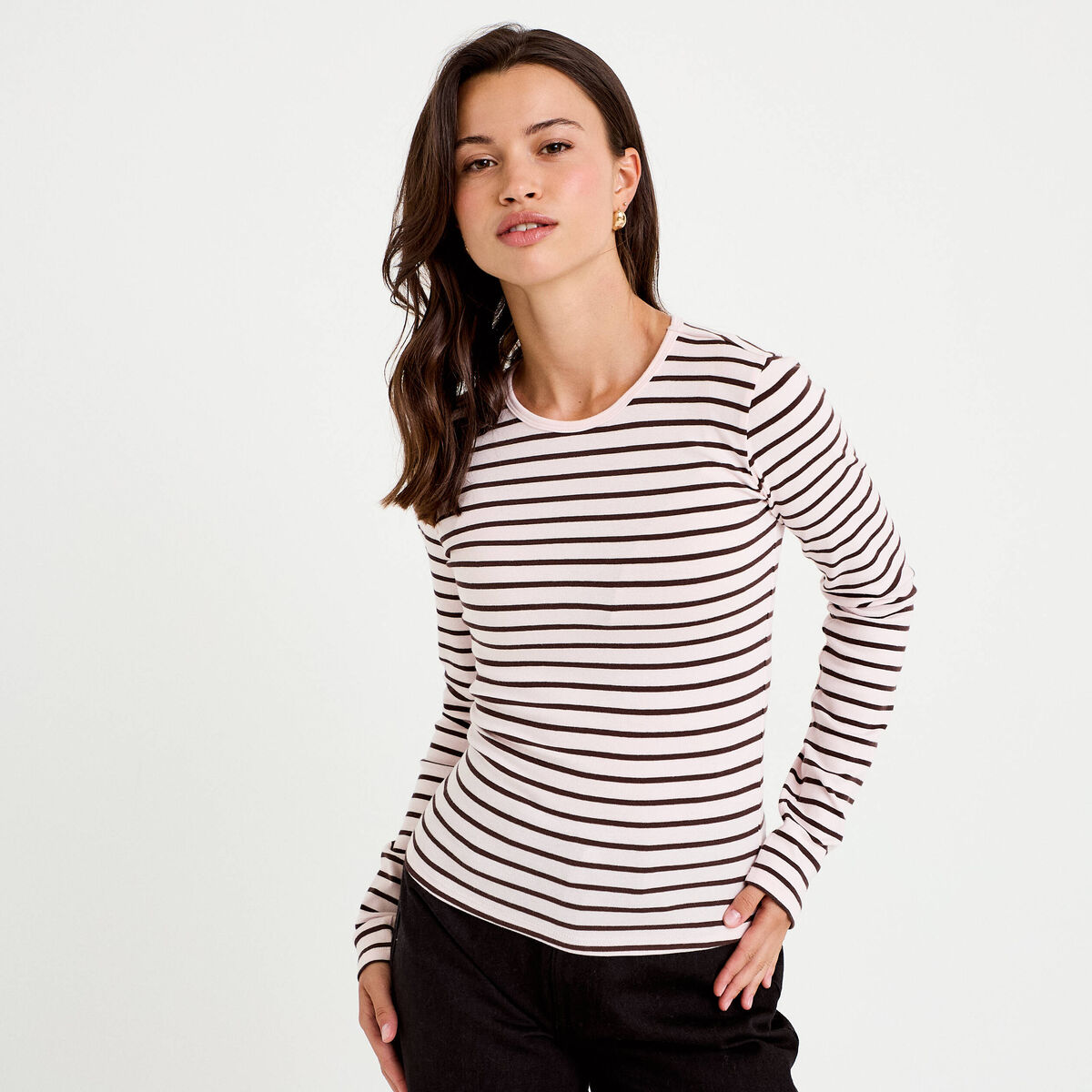 T-shirt ajust&eacute; col rond manches longues rose femme