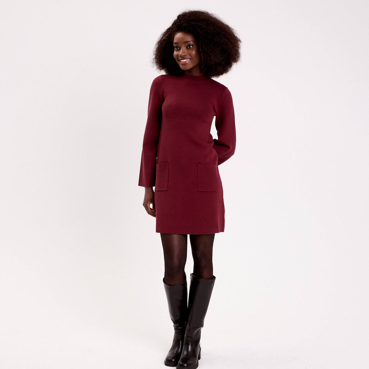 Robe manches longues col montant bordeaux femme