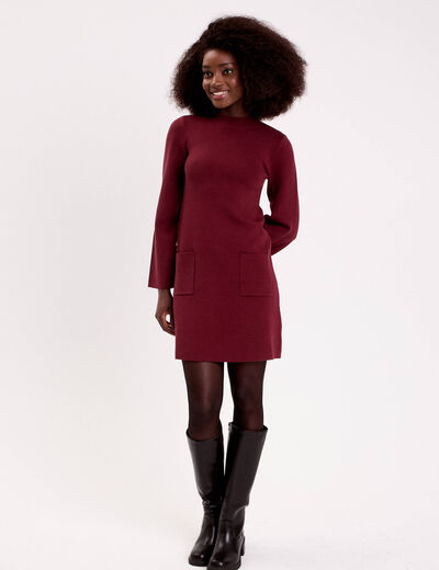 Robe manches longues col montant bordeaux femme